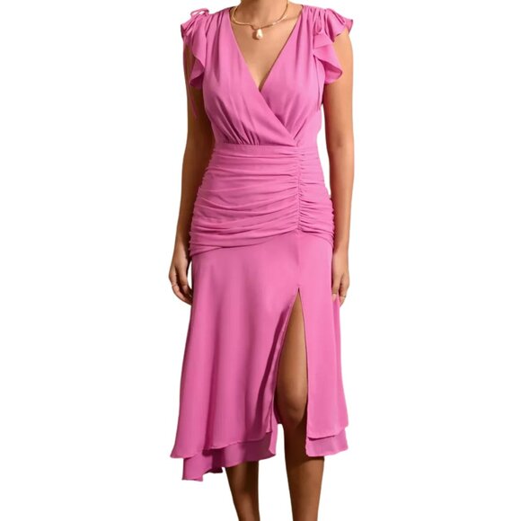 Adelyn Rae Chloe Flutter Sleeve Ruched Pink Dress - Size Medium - Picture 2 of 14